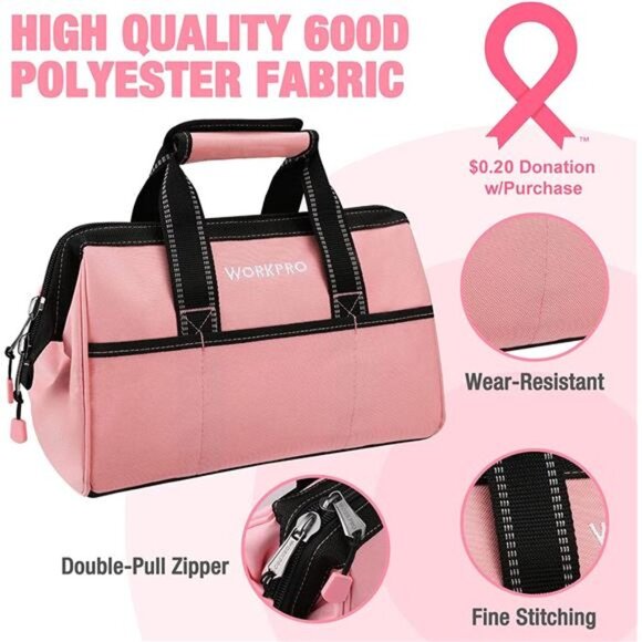 WORKPRO 13-Inch Tool Bag, Pink Soft Cloth Tool Storage Bags - Pink Ribbon - Picture 6 of 6